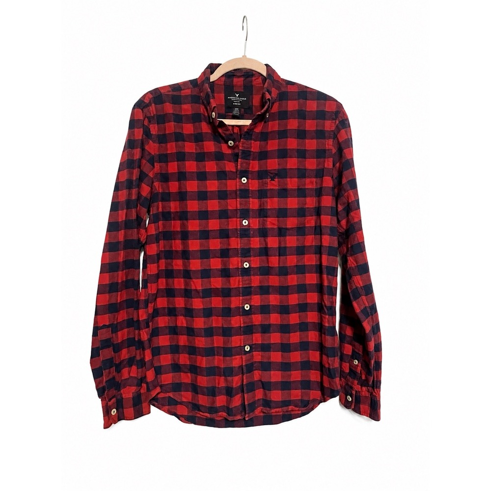 American Eagle Men's Slim Fit Buffalo Plaid Flannel Button Down Shirt Red Small